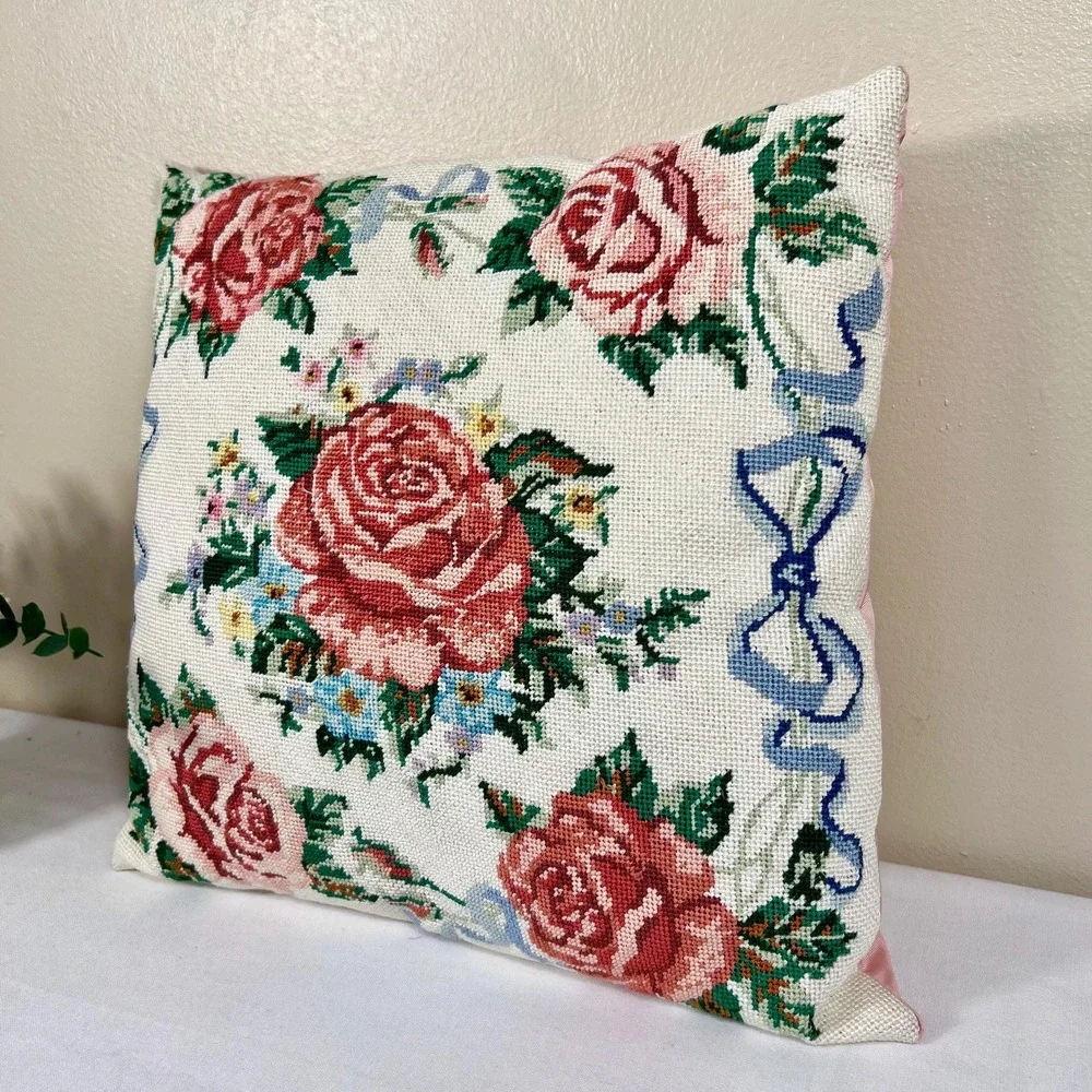 Vintage Handmade Floral and Bow Needlepoint Throw Pillow
